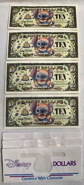 DISNEY DOLLARS $10 Stitch Lot of 4 Sequential Serial Numbers
