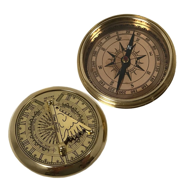 3" Solid Polished Brass Pocket Sundial Compass Antique Reproduction with Lid