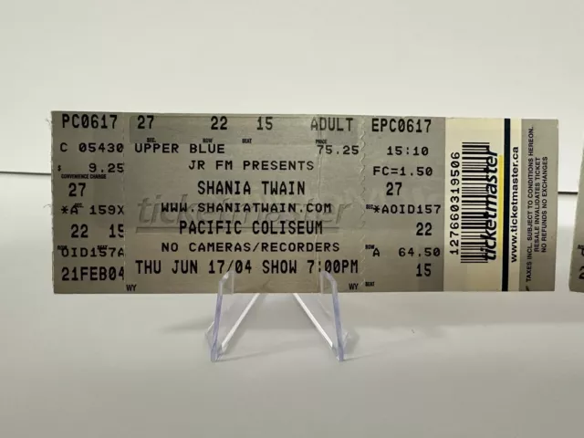 Shania Twain Concert Tickets June 17, 2004 Pacific Coliseum, Vancouver BC 2