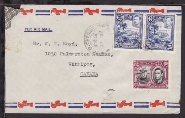 GRENADA 1942? AIRMAIL COVER to WINNIPEG bearing KGVI 2½d Pair and 6d STAMPS