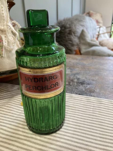 Antique Pharmacy Chemist Apothecary ribbed green glass bottle & original stopper