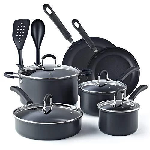 , Juego de utensilios de cocina anodizados duros antiadherentes negros de 12 piezas