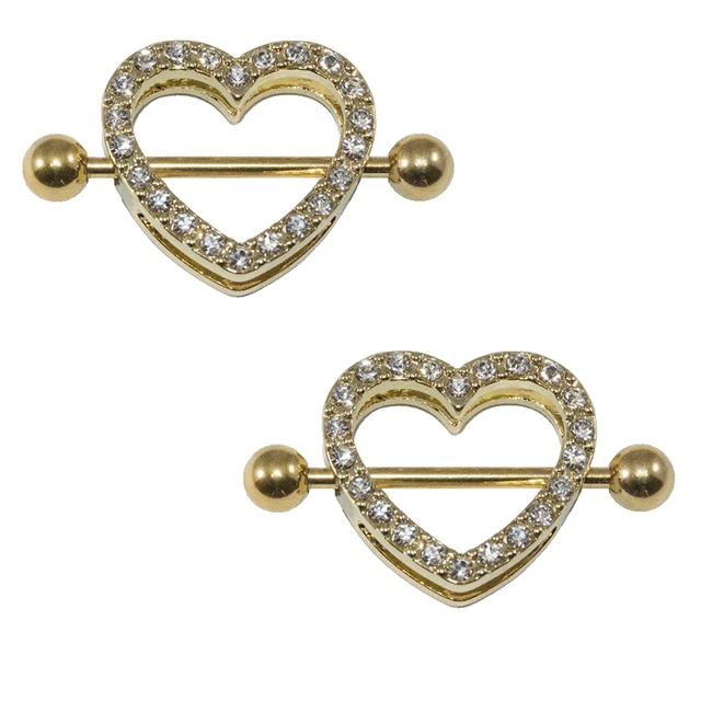 14G Nipple Shield Ring Barbell Gold with CZ Gems IP surgical steel Sold in Pairs