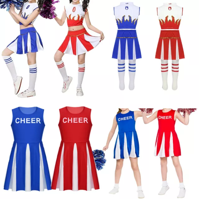 Girls Cheerleader Costume Child Kids High School Cheer Leader Fancy Dress Outfit