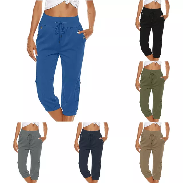 Pantalon Cargo Taille Haute 3/4 Pour Femme Avec Poche Jambe Droite Capri ; .