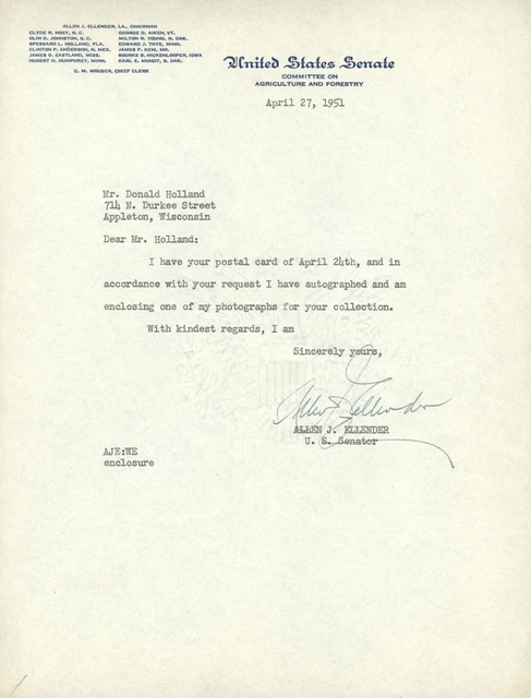 Senator Allen J. Ellender Signed Letter