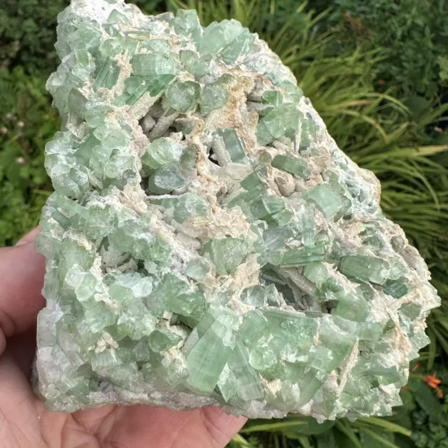 Large Green Tourmaline And Quartz Crystal Cluster On Matrix Display Specimen