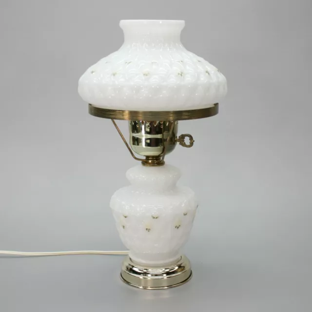 Vintage 14.5" Table Parlor Lamp 3-way Brass White Milk glass Globe Quilted Light