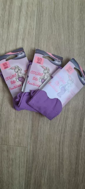 Lot De 3 Collants Bébé Filles 0-3 Mois Fins Fantaisie Violet