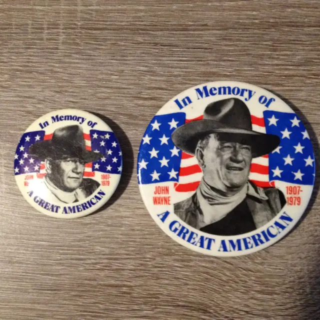 (2) John Wayne In Memory of a Great American 1907-1979 3.5 & 2.25 PinBack Button