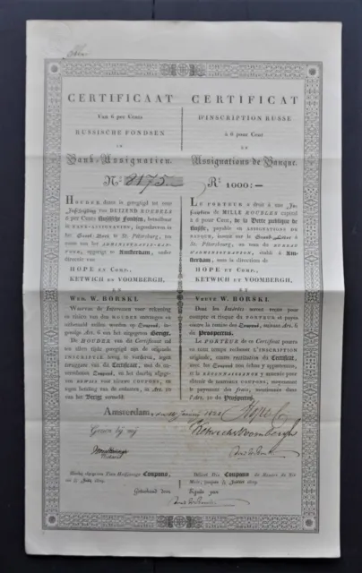 Russia - Russian Imperial Government - 1828- Dutch cert. 6% bond 1000 rbl
