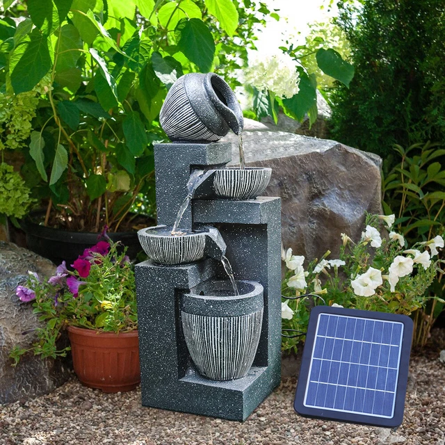 SOLAR POWERED 4 Tier Jug Bowl Cascade Water Feature Fountain Outdoor