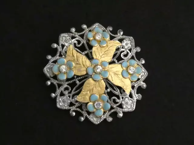 VINTAGE Silvertone Ornate Filigree, Goldtone Raised Floral Design Enamel BROOCH