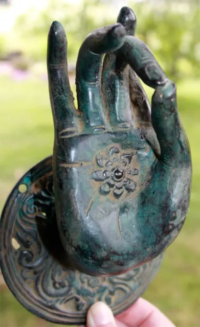 Buddha Mudra Hand Door Handle Knob Cast Bronze Verdigris Green Bali Art 2