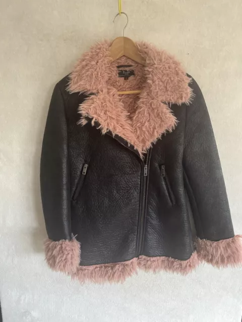 Bardot  Junior Jnr Shearling jacket Biker Style Pink Fur Lined Zip Size 14-16