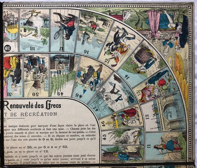 Jeu De L’Oie Ancien Vers 1900 – Complet Avec 6 Oies En étain Colorié – Bon état