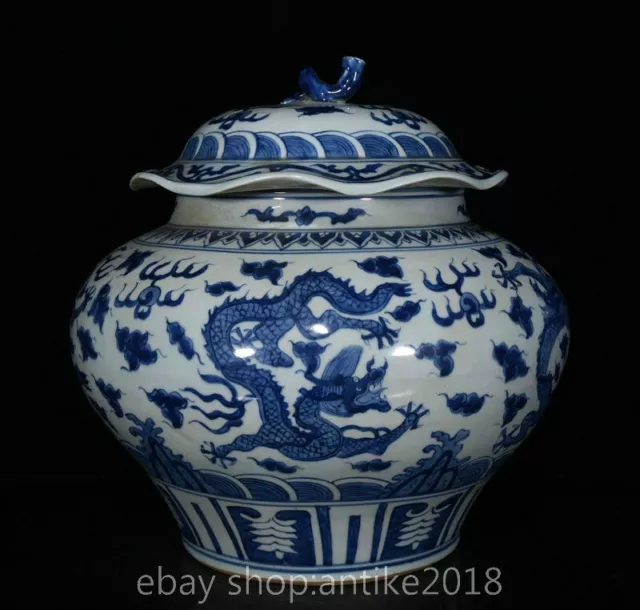 14.8 " Jiajing Marked Blue White Porcelain Dynasty Dragon Pattern Crock Pot Jar