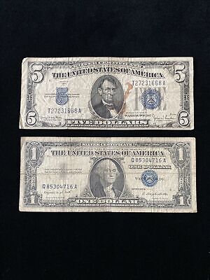 ✯RARE✯ Lot Pair $1 1935-1957, $5 1934 Blue Seal Silver Certificate Note Old Bill