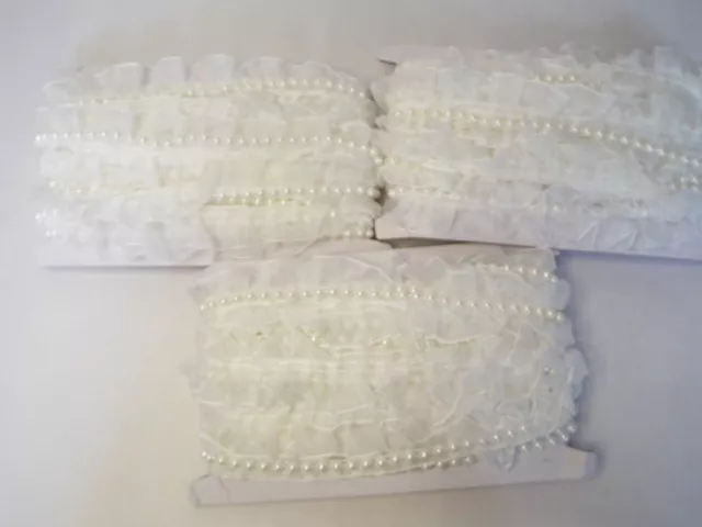 Joblot Bundle 30 Yards Trimming Antique White Sheer Lace Trim with Faux Pearls