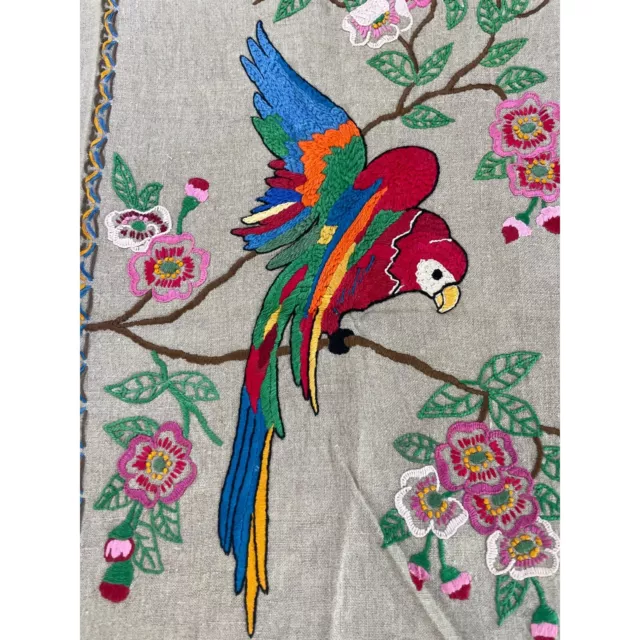 Vintage Parrot w Flowers Crewel Colorful Bright