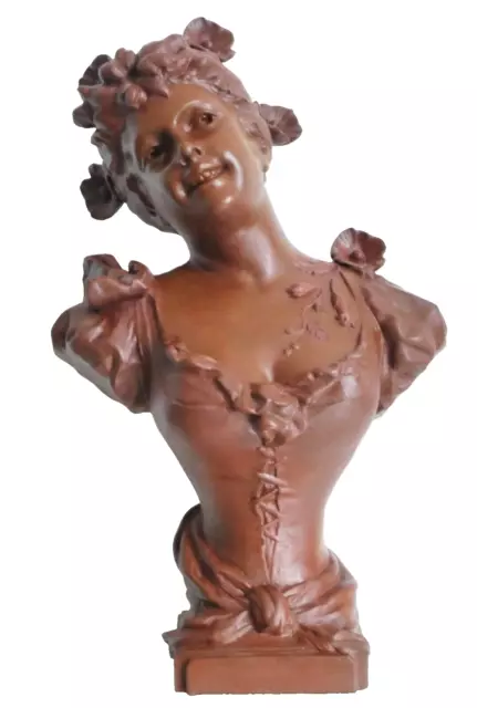 Sculpture Statue Buste Jeune Femme fleurs 1900 Régule patiné Art Nouveau signé