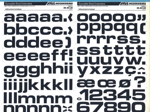 Hoja de Letras de Transferencia MECANORMA A3 #727 EUROSTIL BOLD EXTENDIDA 28,7mm