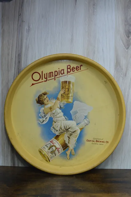 OLYMPIA BEER SERVING TRAY - LADY RIDING FLYING BOTTLE - CAPITAL BREWING Vintage