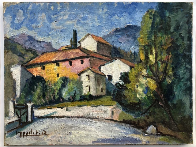 Superbe ancien TABLEAU PEINTURE HST PAYSAGE VILLAGE signé ROGER HYPPOLITE
