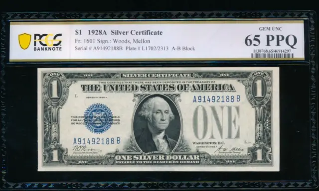 AC 1928A $1 Silver Certificate PCGS 65 PPQ A-B block  Fr 1601