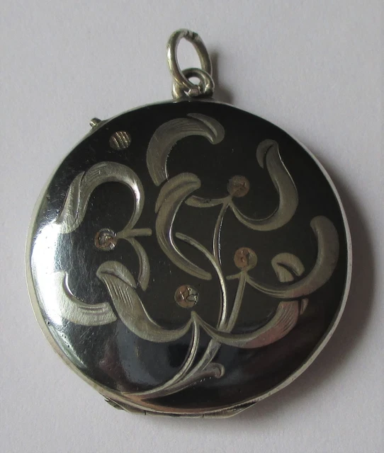 Antique Victorian 800 Silver Niello Enamel Mistletoe Locket Pendant Christmas Antique Victorian 800 Silver Niello Enamel Mistletoe Locket Pendant Christmas