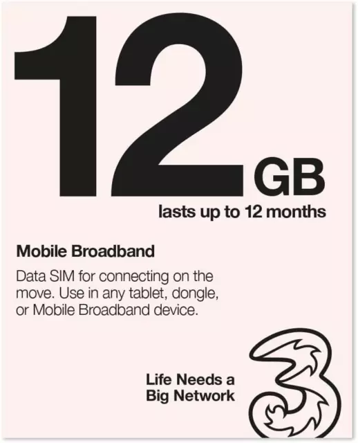 Mobile Pay As You Go Mobile Broadband 12 GB data SIM
