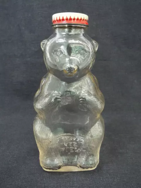 Vintage 1950s BEAR Shaped COIN BANK Snow Crest Beverages GLASS Bottle Metal Lid