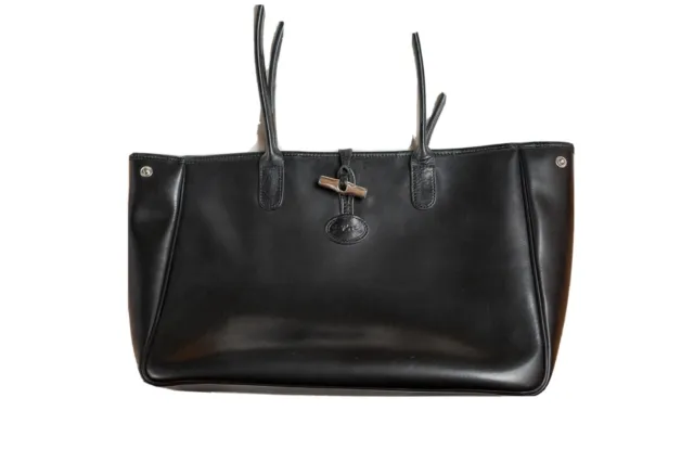 LONGCHAMP Large Black Leather Rousseau Silver Toggle Tote Shoulder Bag EUC