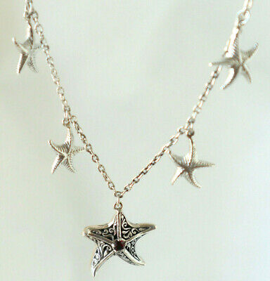 Bali Starfish, Multi Pendant Chain Necklace, Natural Garnet, 925 sterling silver