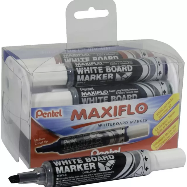 PENTEL Maxiflo Whiteboard Markers & Eraser Set - Chisel Tip - NEW