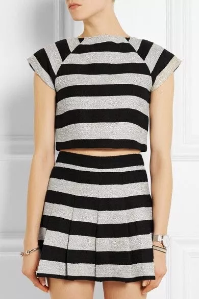 Alice + Olivia Cropped Striped Amy Dual Front Zip Top Black Silver Size 4 Boxy