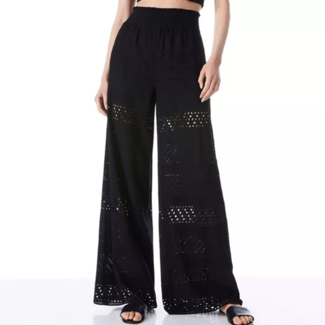 Alice + Olivia Russell Black High Waisted Wide Leg Eyelet Pants Medium