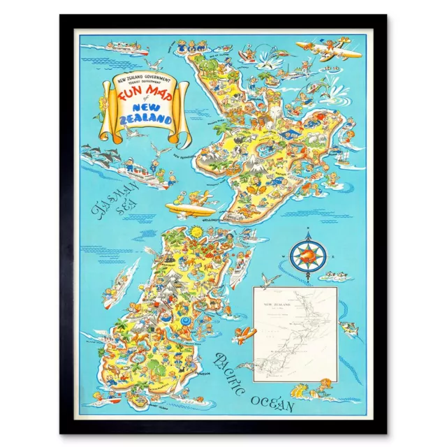 Map New Zealand North South Island Tourism 12X16 Inch Framed Art Print