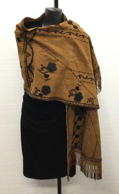 Bajra Summer Women 100% Cotton Brown w Black Floral Embroidery Scarf, Cape, Wrap