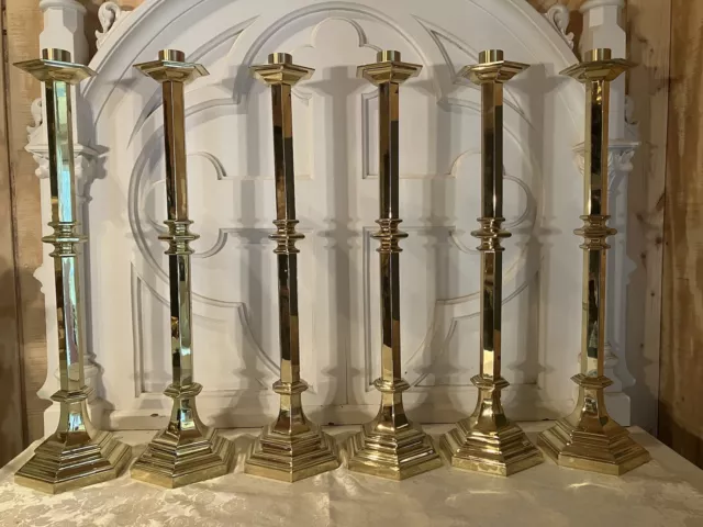 (6) Large Antique Vintage Heavy Brass Church Candle Sticks Holders 26”H