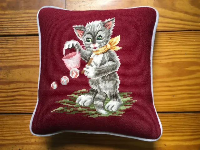 Almohada de lana con aguja para gato gatito y espalda de terciopelo 12"" x 13"" ¡Súper linda!