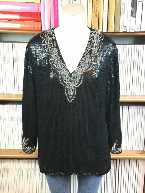 VTG 1980s Ladies Trophy Top Blouse UK 16 US 12 Sequin Embellished Black Silver