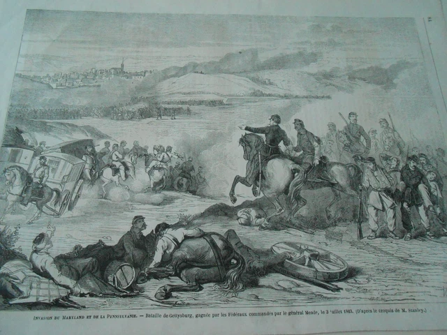 Gravure 1863 - Bataille de Gettysburg gagnée par les fédéraux Général Meade