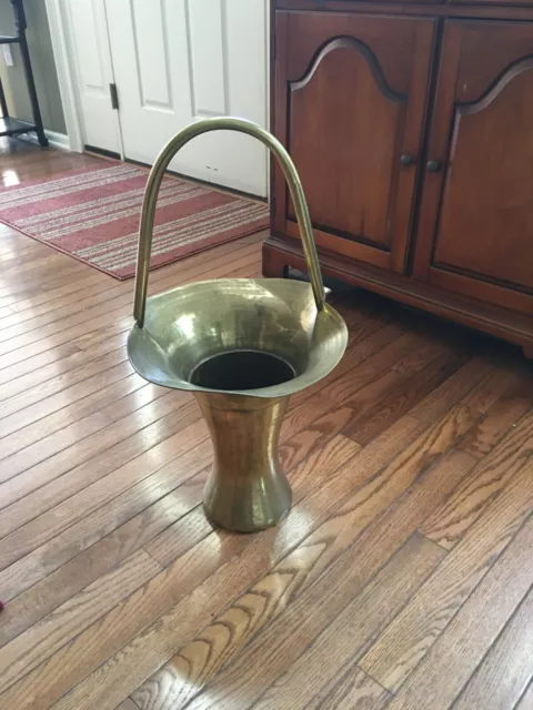 Vintage 1970s Large Brass Bucket Vase w/ Long Handle Umbrella Stand 25"H x13"L