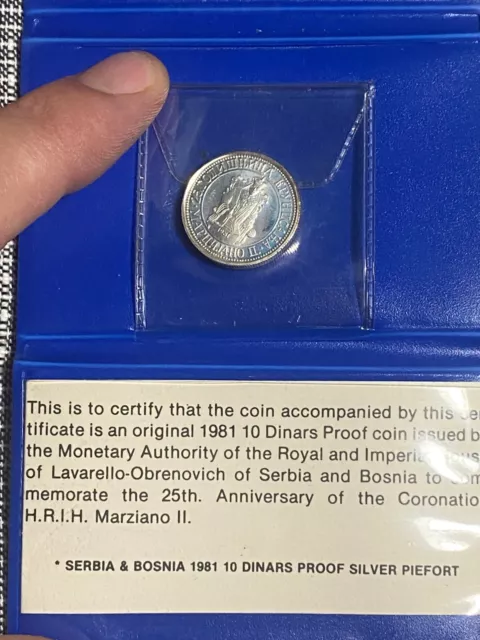 1981 10 Dinari Silver Proof Piefort Serbia & Bosnia Lavarello-Obrenovich
