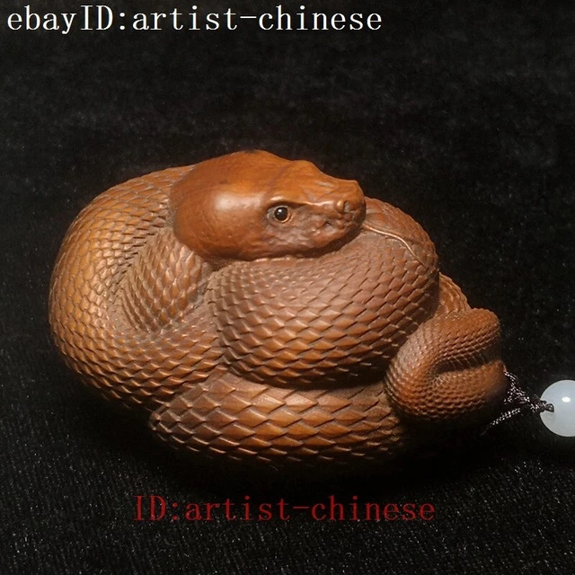 L 2.7 inch Old Chinese boxwood hand carved vivid snake statue netsuke Collection