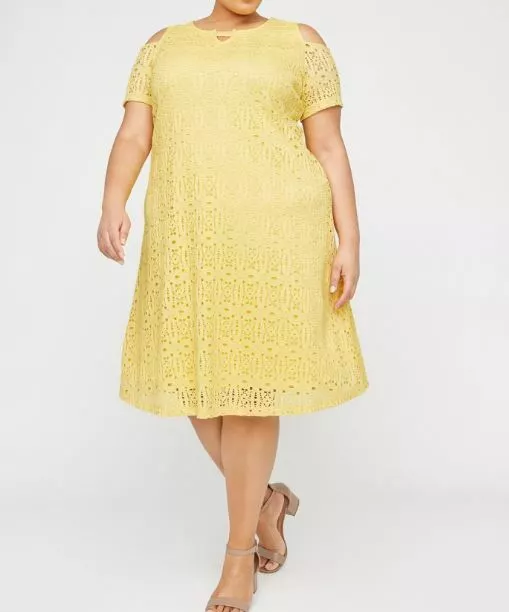 Catherines Plus Easter Yellow Sunshine Lace Open-Shoulder A-LINE DRESS 3X 26/28W