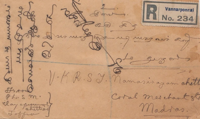 Ceylon: 1928: registered letter Vannarponnai to Madras