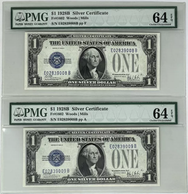 1928-B Fr. 1602 $1 Silver Certificates Consecutive Pair, PMG 64-EPQ Choice Unc.