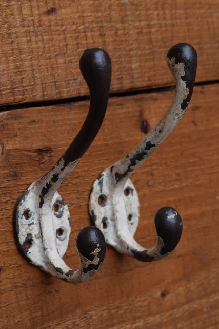 Pair Reclaimed Old Painted Coat Hooks pegs rack stand vintage original antique 3